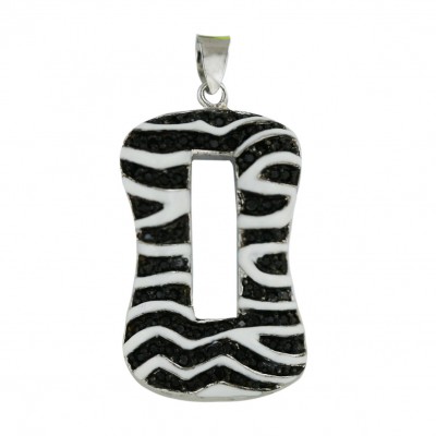 Sterling Silver Pendant 35X18mm Open Black Cubic Zirconia with White Enamel Wavy Lin