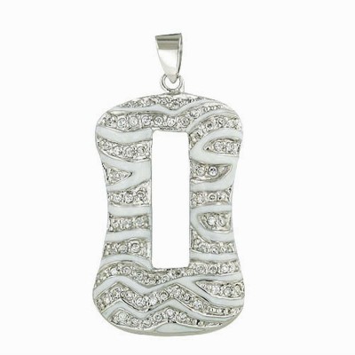 Sterling Silver Pendant 35X18mm Open Clear Cubic Zirconia with White Enamel Wavy Lin