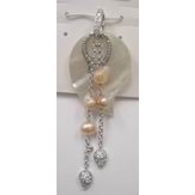 Sterling Silver Pendant Mother of Pearl Leaf Shaped with Peach+Pl Fresh Water Pearl
