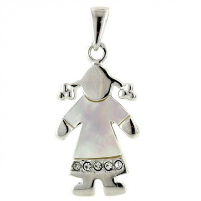 Sterling Silver Pndt Girl with White Mother of Pearl Shirt+ Cubic Zirconia-Rhodium Plating Plated