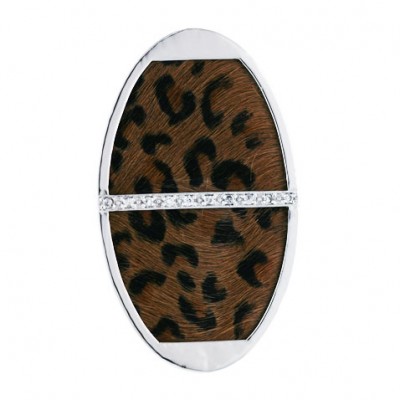 Sterling Silver Pendant 57X33mm Oval Brown Leopard Leather with Cubic Zirconia L