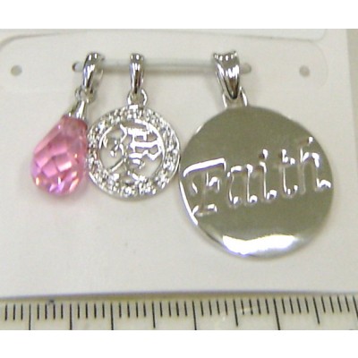 Sterling Silver Pendant 3Pcs Set Pink Cubic Zirconia Briolette, 20mm Round with Wo
