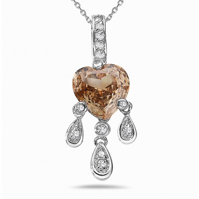 Sterling Silver Pendant Champagne Cubic Zirconia Heart with 3 Cubic Zirconia Tear Drop Dangle