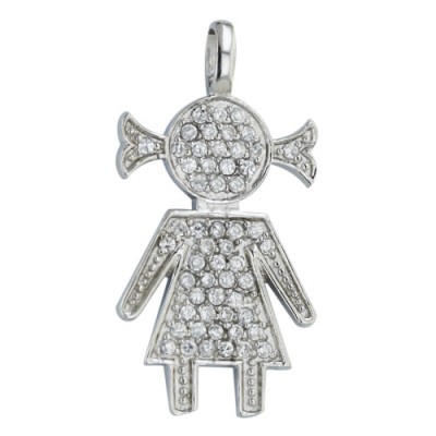 Sterling Silver Pendant 25X15mm Clear Cubic Zirconia Girl with Ponytail--Rhodium Plating/Nickle Free--