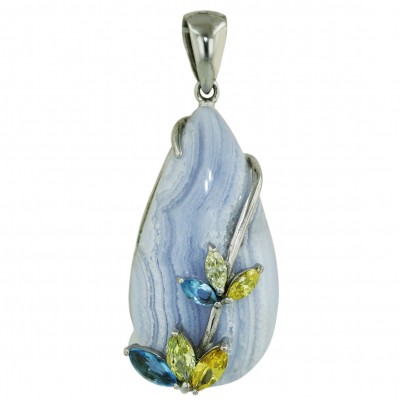 Sterling Silver Pendant Long Blue Agate Tear Drop with Citrine,Lg,Aqua Marine Glass M