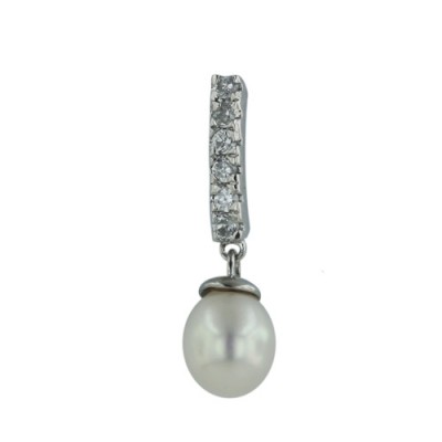 Sterling Silver Pendant Pave Cubic Zirconia Bar with Fresh Water Pearl Drop 7M