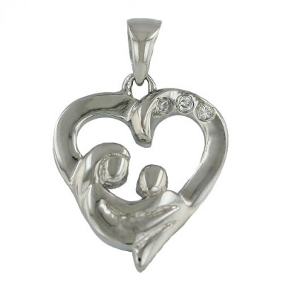 Sterling Silver Pendant 3Pcs Cubic Zirconia Open Heart with Loving Mom+Son