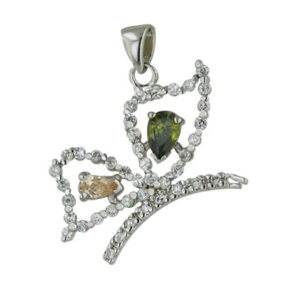 Sterling Silver Pendant Cubic Zirconia Folder Butterfly with Olivine+Champagne Cubic Zirconia T-Dro