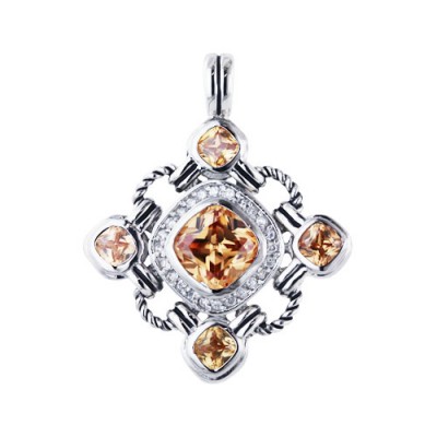 Sterling Silver Pendant 10X10mm Champagne Cubic Zirconia Cushion Ctr+4Pcs 5X5mm Links