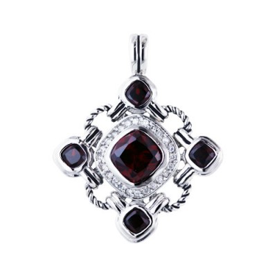 Sterling Silver Pendant 10X10mm Garnet Cubic Zirconia Cushion Ctr+4Pcs 5X5mm Links