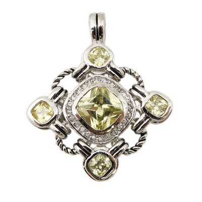 Sterling Silver Pendant 10X10mm Apple Green Cubic Zirconia Cushion Ctr+4Pcs 5X