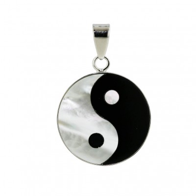 Sterling Silver Pendant 20mm White Mother of Pearl+Onyx Ying/ Yang