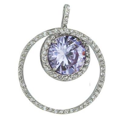 Sterling Silver Pendant 30mm Circle+13mm Round Lv Cubic Zirconia (2Pcs Sets)