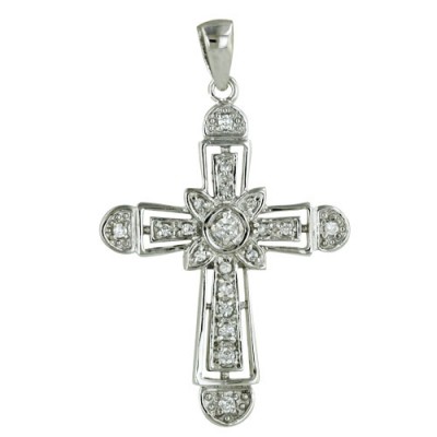 Sterling Silver Pendant Clear Cubic Zirconia Cross with Round+'X' Ctr