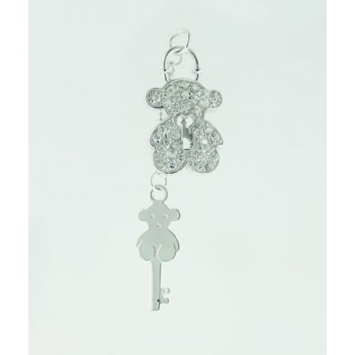 Sterling Silver Pendant Clear Cubic Zirconia Teddy Bear Lock+Keys--E-Coated