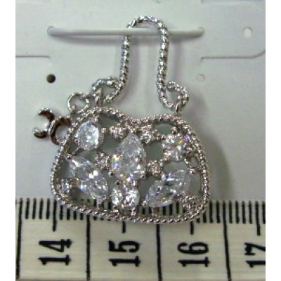 Sterling Silver Pendant Mix Shape Clear Cubic Zirconia Lady Purse with Double C Dangling