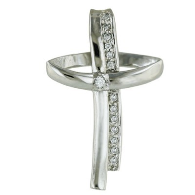 Sterling Silver Pendant 2-D Open Plain+Cubic Zirconia Cross