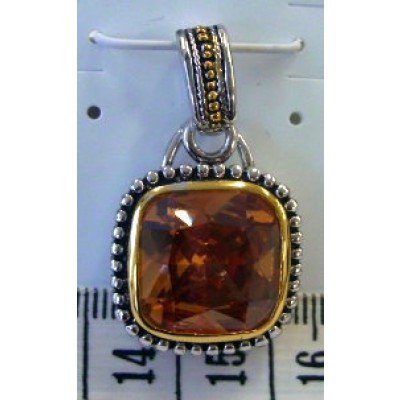 Sterling Silver Pendant 2 Tone Champagne Cubic Zirconia Cushion with Oxidized Coin Edge