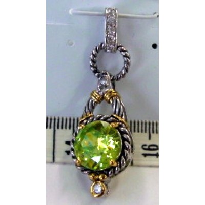 Sterling Silver Pendant 12mm Light Per.Cubic Zirconia with 2 Tone Oxidized Rope+Cubic Zirconia