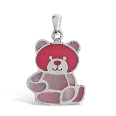 Sterling Silver Pendant Pink Enamel+Mother of Pearl Inlay Teddy Bear