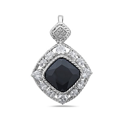 Sterling Silver Pendant Enhancer 14X14mm Cushion Black Cubic Zirconia with Rope+He