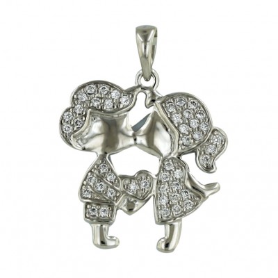 Sterling Silver Pendant Clear Cubic Zirconia Boy+Girl Kissing+Holding Hands