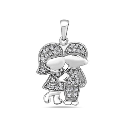 Sterling Silver Pendant Clear Cubic Zirconia Boy+Girl Holding Hands Couple