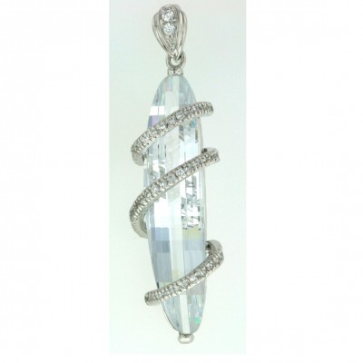 Sterling Silver Pendant 45X11mm Barrel Cut Oblong Oval Clear Cubic Zirconia with 3