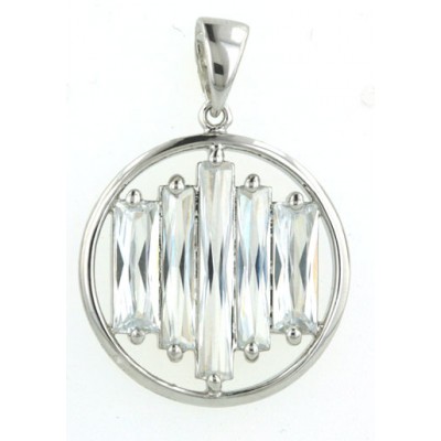Sterling Silver Pendant 25mm Circle with 5 Baguette Clear Cubic Zirconia