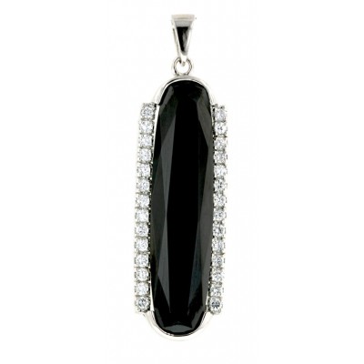 Sterling Silver Pendant 45X11mm Oblong Oval Black Cubic Zirconia with 2 Cubic Zirconia Lines B