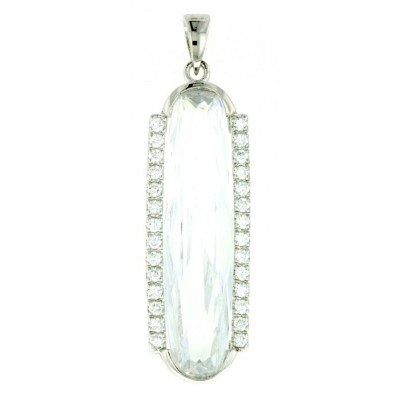 Sterling Silver Pendant 45X11mm Oblong Oval Clear Cubic Zirconia with 2 Cubic Zirconia Lines B
