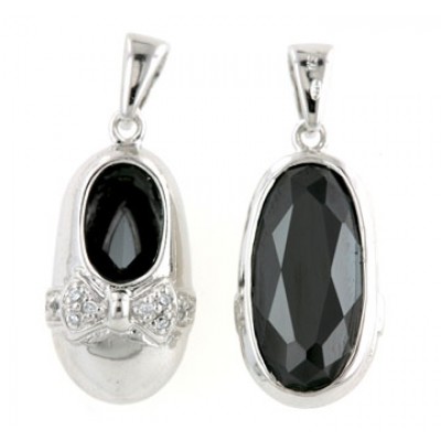 Sterling Silver Pendant Cubic Zirconia Bow Baby Shoe with Black Cubic Zirconia Bottom