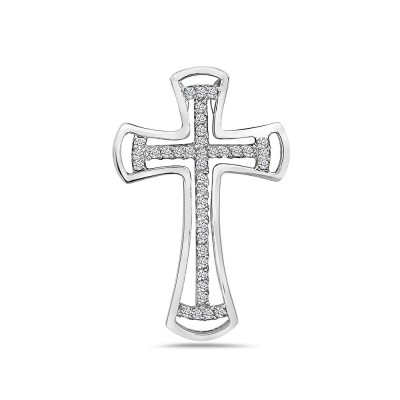 Sterling Silver Pendant Plain Open Cross Frame with Clear Cubic Zirconia inside