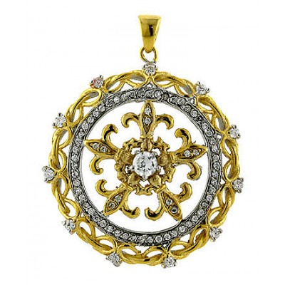 Sterling Silver Pendant Open Circlr Filigree Gold Tone Fleur De Li