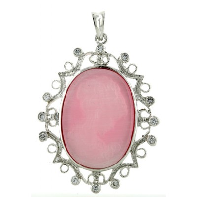 Sterling Silver Pendant 30X21mm Victorian Oval Pink Lady Head Came