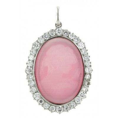 Sterling Silver Pendant 30X22mm Victorian Oval Pink Lady Head Came