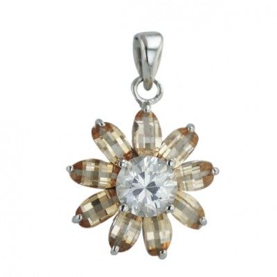 Sterling Silver Pendant Barrel Cut Champagne Cubic Zirconia Petals Flower with Clear Cubic Zirconia Ctr