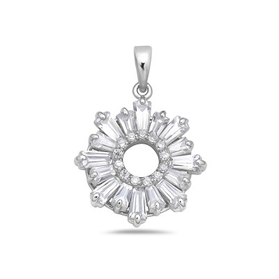 Sterling Silver Pendant Clear Cubic Zirconia Circle Baguette Sun