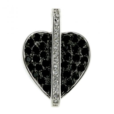 Sterling Silver Pendant Pave Black Cubic Zirconia Heart with Clear Cubic Zirconia Vertical Lines