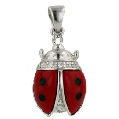 Sterling Silver Pendant Red Coral+Clear Cubic Zirconia Ladybug with Black Spot