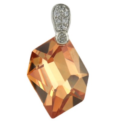 Sterling Silver Pendant Pave Clear Cubic Zirconia Top with Irreg.Shape Champagne Cubic Zirconia
