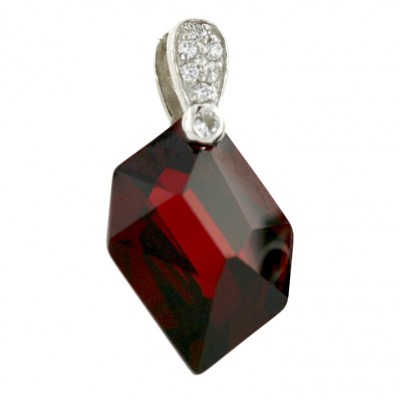Sterling Silver Pendant Pave Clear Cubic Zirconia Top with Irreg.Shape Garnet Cubic Zirconia