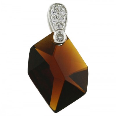 Sterling Silver Pendant Pave Clear Cubic Zirconia Top with Irreg.Shape Tea Color S