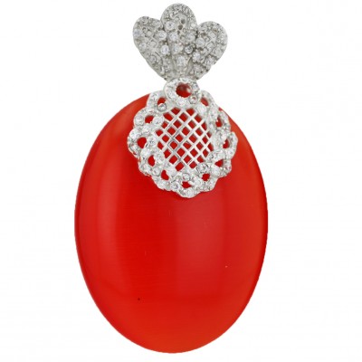 Sterling Silver Pendant 40X30mm Oval Red#1 Cat Eyes with Basketweave