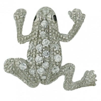 Sterling Silver Pendant Pave Clear Cubic Zirconia Frog with Black Cubic Zirconia Eyes
