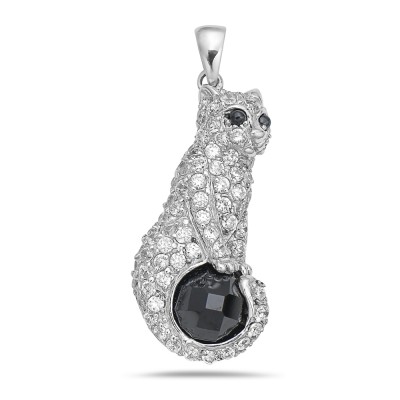 Sterling Silver Pendant Pave Clear Cubic Zirconia Cat with Black Cubic Zirconia Eyes+Chess Cut R