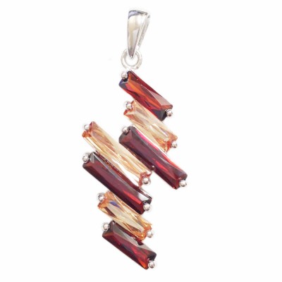 Sterling Silver Pendant 7 Garnet +Champagne Cubic Zirconia Baguette