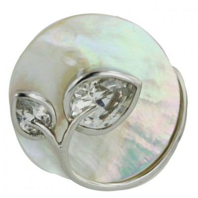 Sterling Silver Pendant 30mm Round White Mother of Pearl with 2 Clear Cubic Zirconia Tear Drop Le