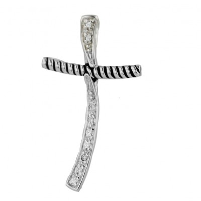 Sterling Silver Pendant Oxidized Rope+Pave Clear Cubic Zirconia Cross