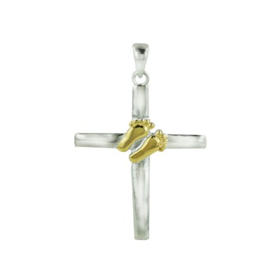 Sterling Silver Pendant Plain Cross+Gold Tone Footprint+Word'G Bac